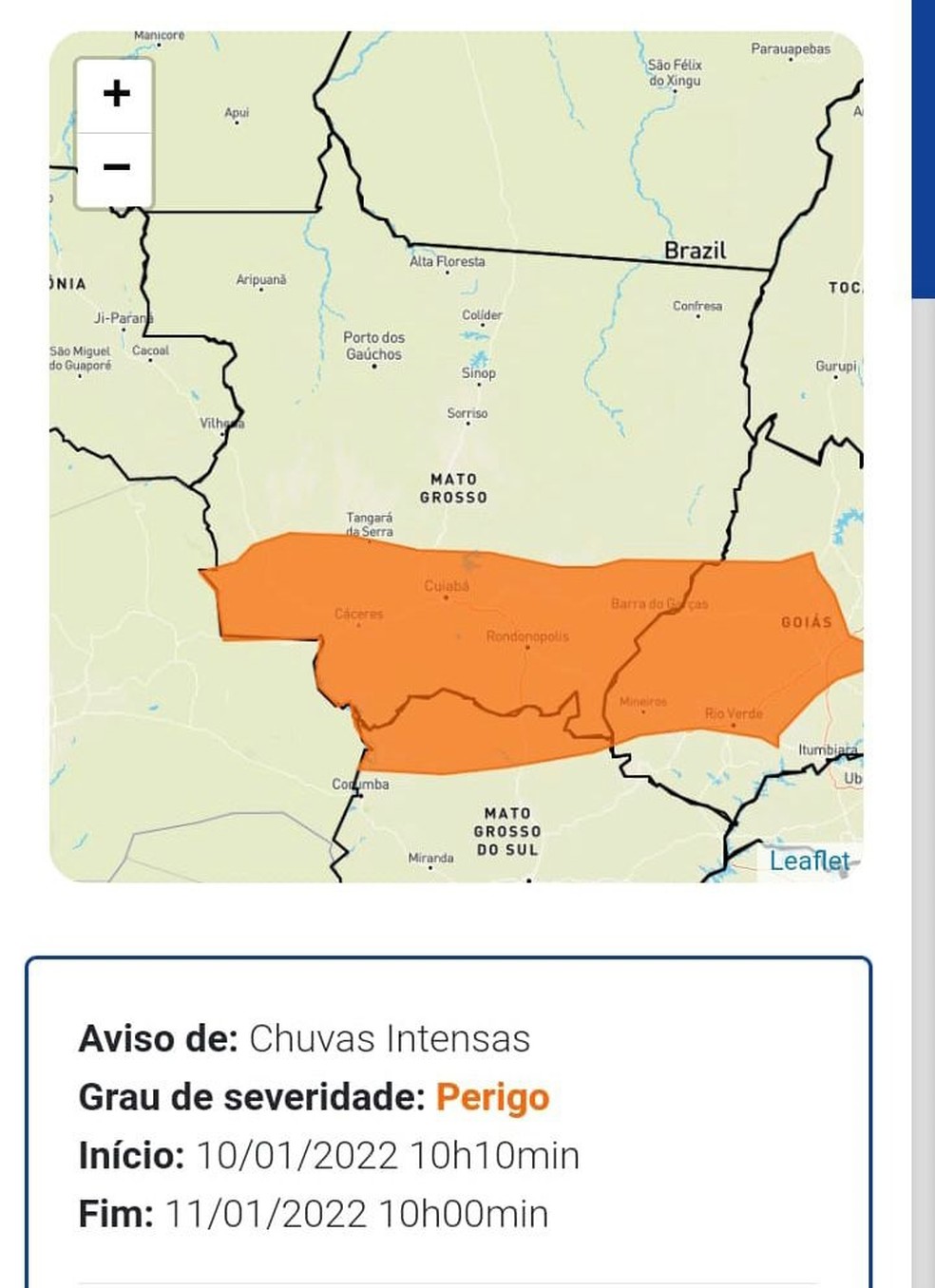 Área laranja indica muitas chuvas — Foto: Reprodução/Defesa Civil
