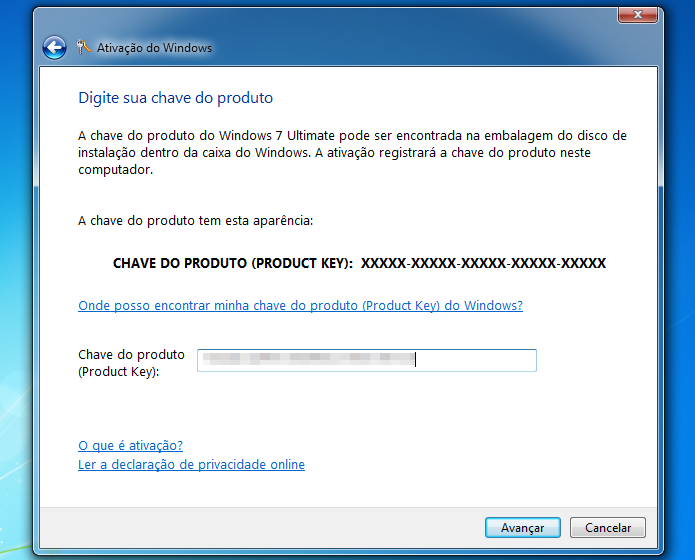 Insira a chave de ativação do Windows 7 (Foto: Reprodução/Helito Bijora) 
