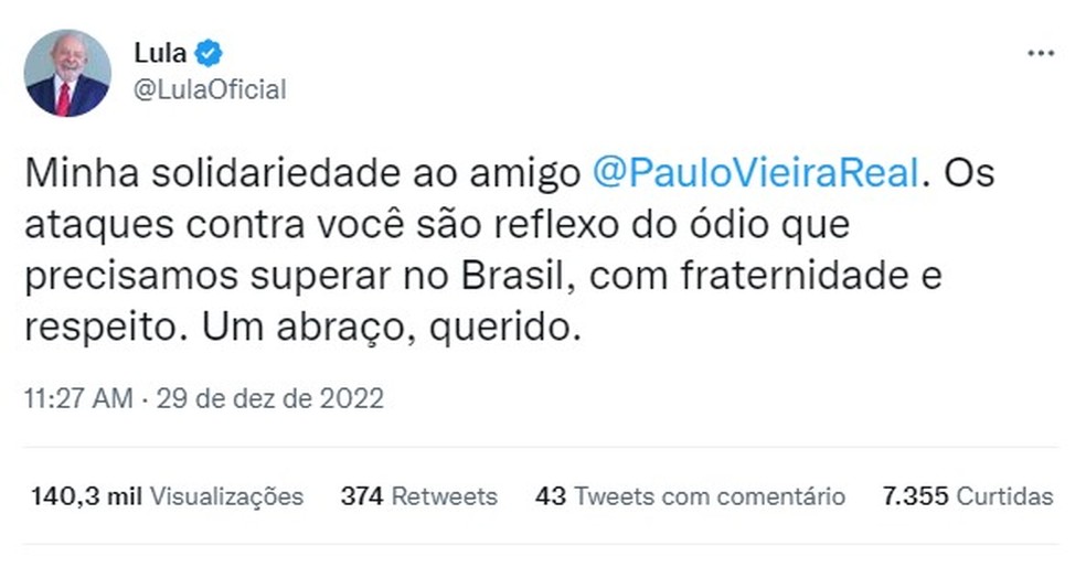Presidente Lula postou mensagem de apoio a Paulo Vieira — Foto: Reprodução