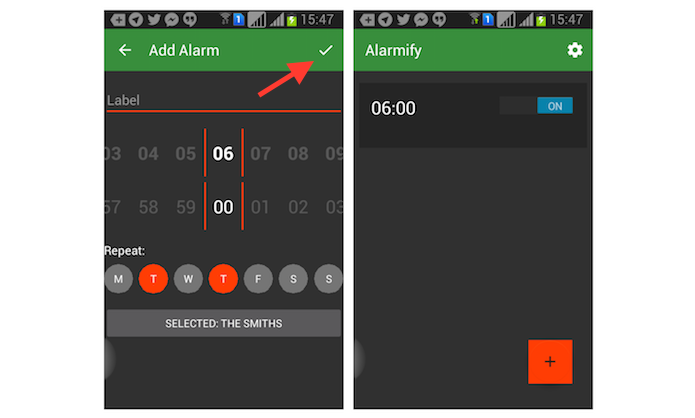 Finalizando a configuração de um alarme com músicas do Spotify com o Alarmify para Android (Foto: Reprodução/Marvin Costa)
