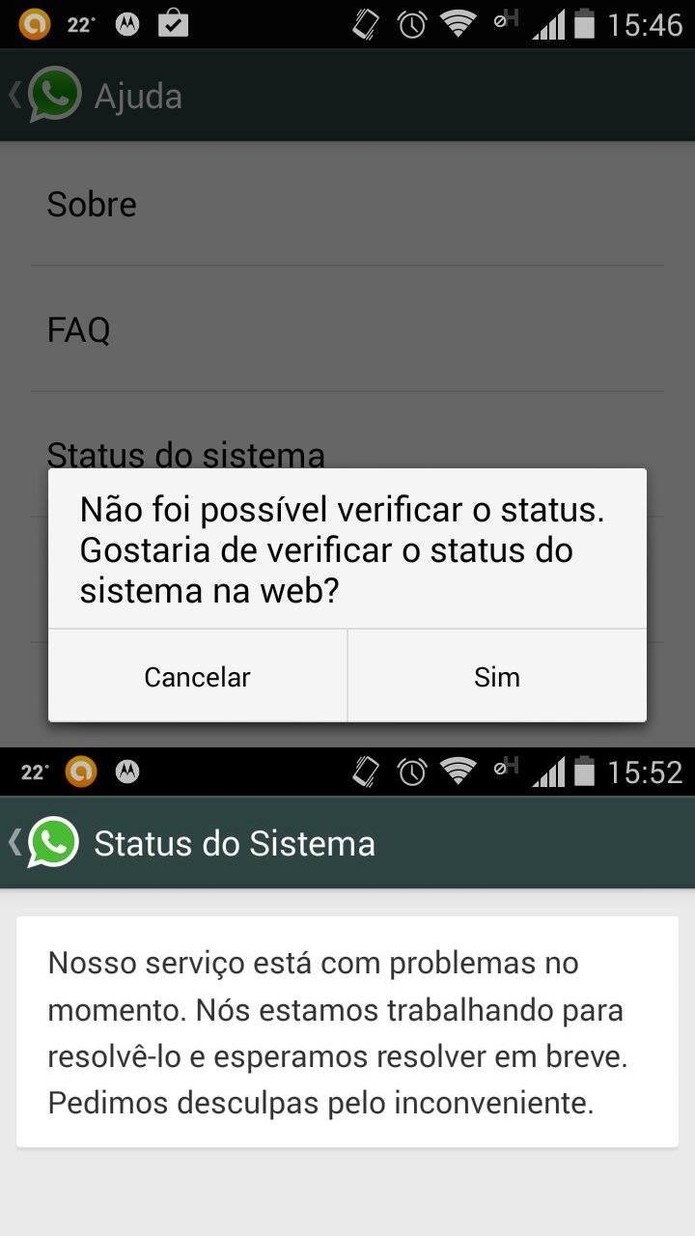 Mensagens alertam que WhatsApp está fora do ar para usuários do Brasil, em portguês (Foto: Reprodução/WhatsAoo)