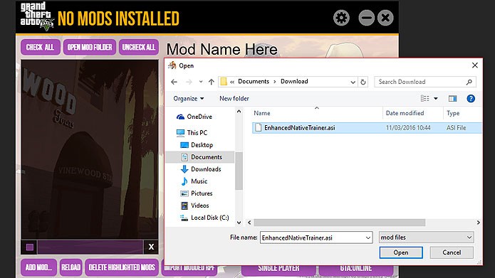 Para instalar mods em GTA V, clique em Add Mod no gerenciador e abra o arquivo do mod (Foto: Reprodução/Tais Carvalho)