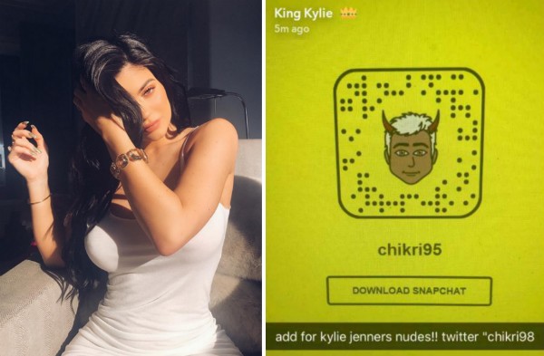 A socialite Kylie Jenner e a mensagem compartilhada por hacker na conta da celebridade no Snapchat (Foto: Instagram/Snapchat)