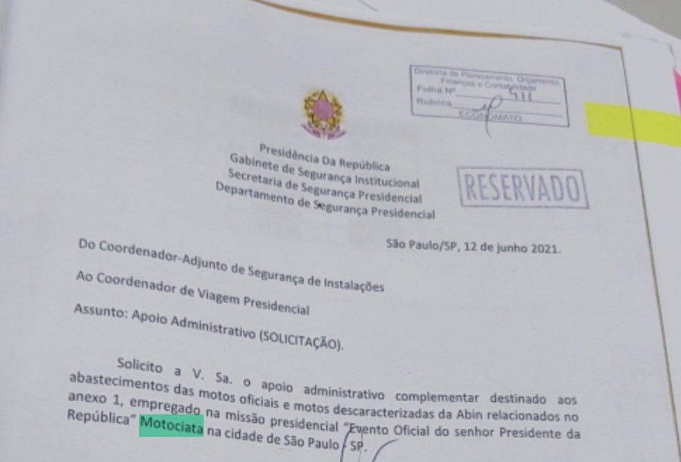 Documento indica pedido de abastecimento de motos oficiais e descaracterizadas para motociata de Jair Bolsonaro — Foto: Fiquem Sabendo/Reprodução