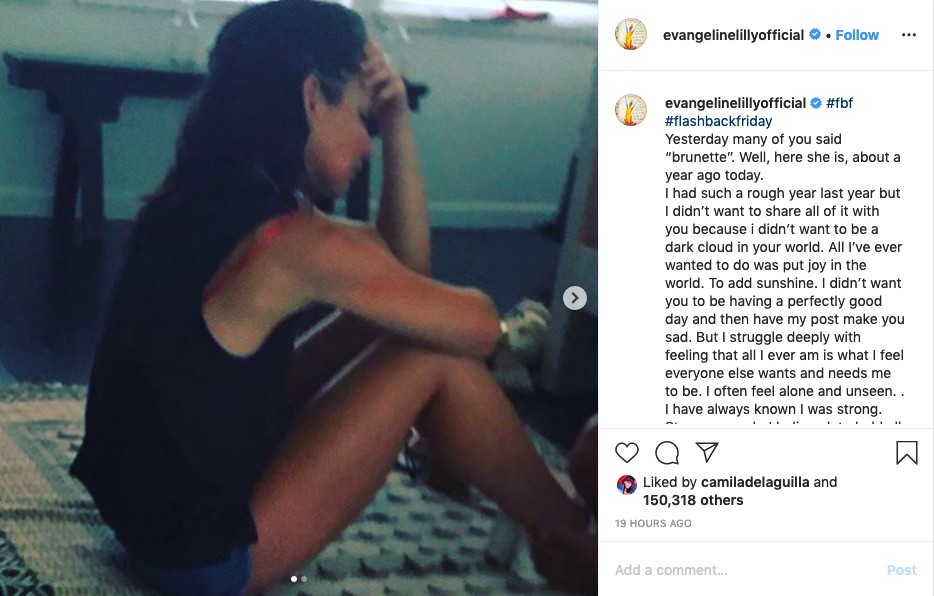 O post no qual a atriz Evangeline Lilly falou sobre os dramas recentes vividos por ela (Foto: Instagram)