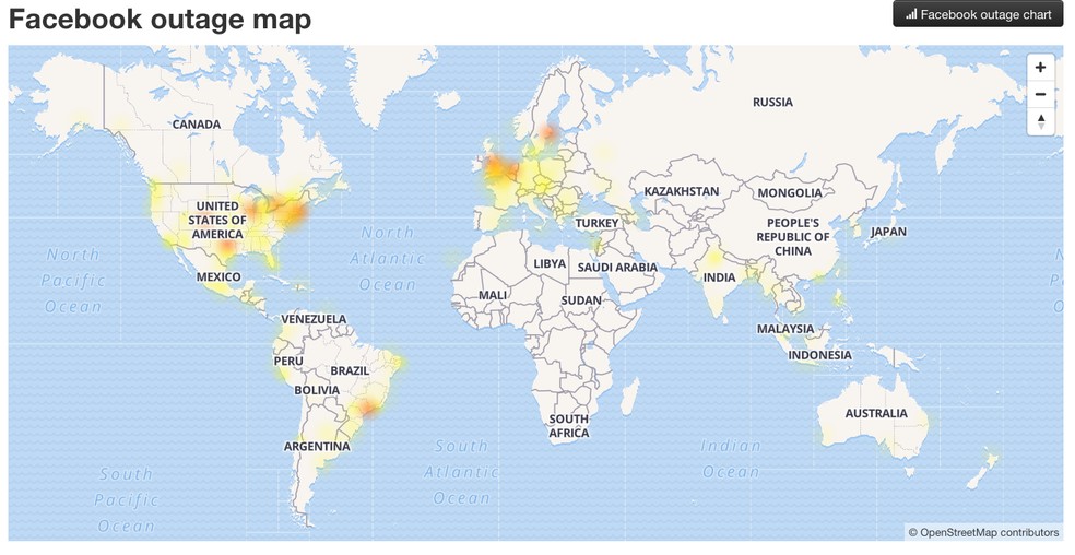 Facebook tem instabilidade no Brasil e em outros países — Foto: Reprodução/Outage ReportDown Detector