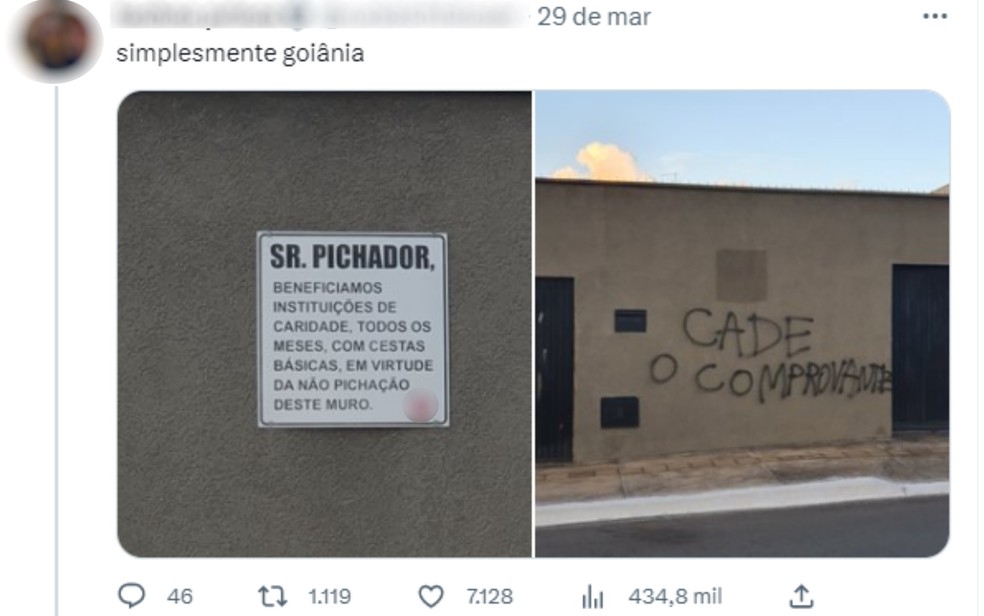 Apelo a pichador é respondido com nova pichação, em Goiânia, Goiás, e caso viraliza na web — Foto: Reprodução/Twitter