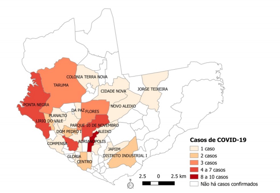 Mapa detalha incidência de casos de coronavírus em bairros de Manaus — Foto: Reprodução/FVS-AM