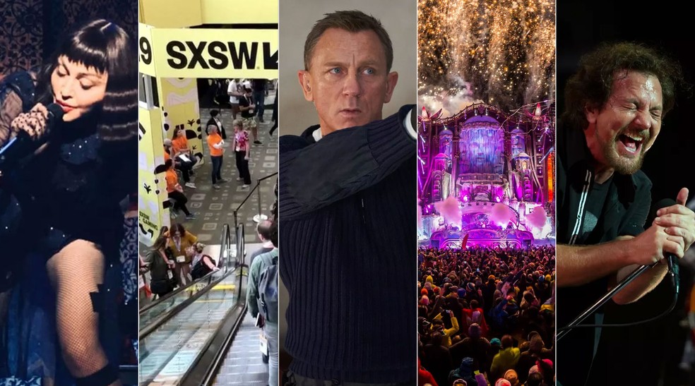 Madonna, SXSW, James Bond, Tomorrowland Winter e Pearl Jam foram alguns dos afetados pela epidemia de coronavírus — Foto: Reprodução/Instagram, Reprodução/Globonews, Divulgação e Marcelo Brandt/G1