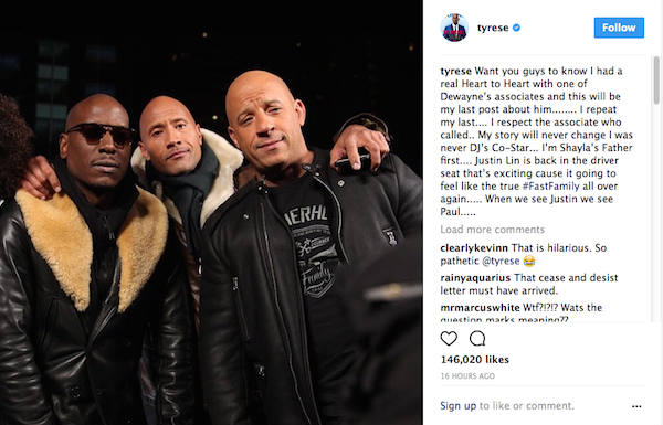 O post de Tyrese Gibson dizendo ter conversado com um representante de The Rock (Foto: Instagram)