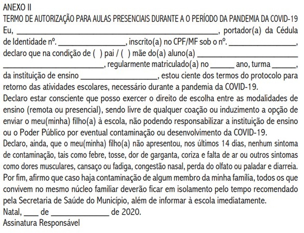 Pais terão que assinar termo de responsabilidade para que os filhos retornem às aulas presenciais — Foto: Reprodução