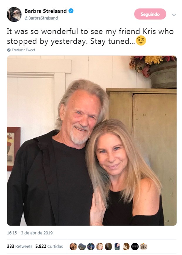 Barbra Streisand e Kris Kristofferson em 2019 (Foto: Reprodução/Twitter)
