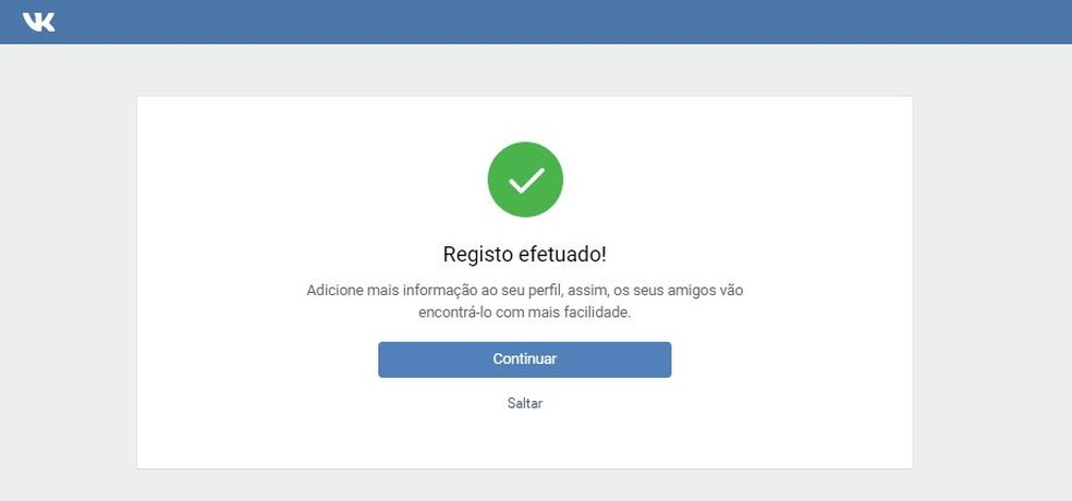 Confirmação da criação de conta no VK — Foto: Reprodução/ Taysa Coelho