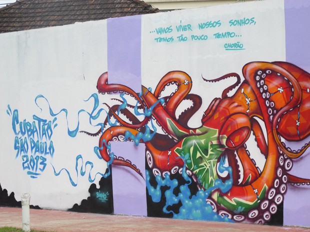 Grafiteiros também escreveram letras de músicas em homenagem a Chorão (Foto: Anna Gabriela Ribeiro/G1)