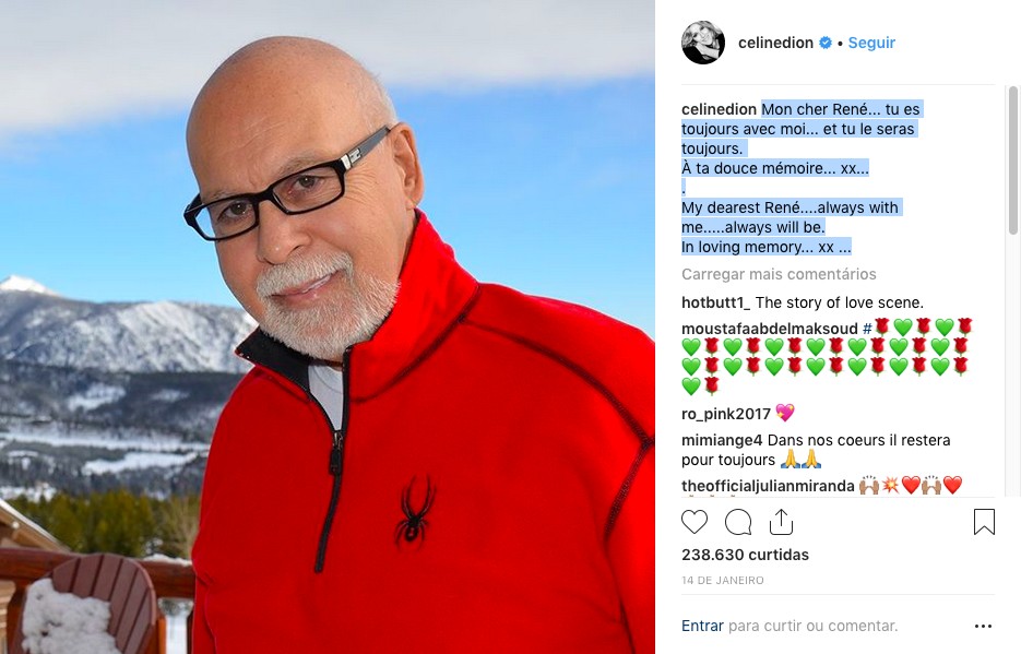 O post da cantora Céline Dion lembrando os três anos da morte do marido dela (Foto: Instagram)