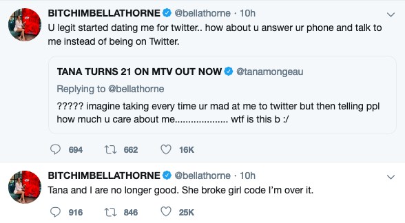 A tensa troca de mensagens entre Bella Thorne e Tana Mongeau (Foto: Twitter)