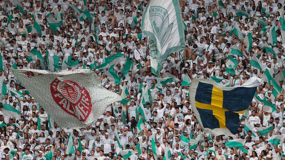 Torcida do Palmeiras com bandeiras no Allianz Parque — Foto: Cesar Greco/Palmeiras