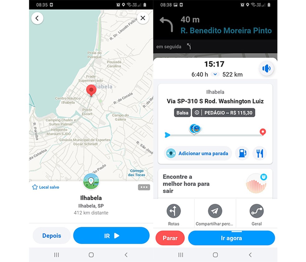 Visualize quanto irá gastar no pedágio da sua localização até o destino no app Waze — Foto: Reprodução/Marcela Franco