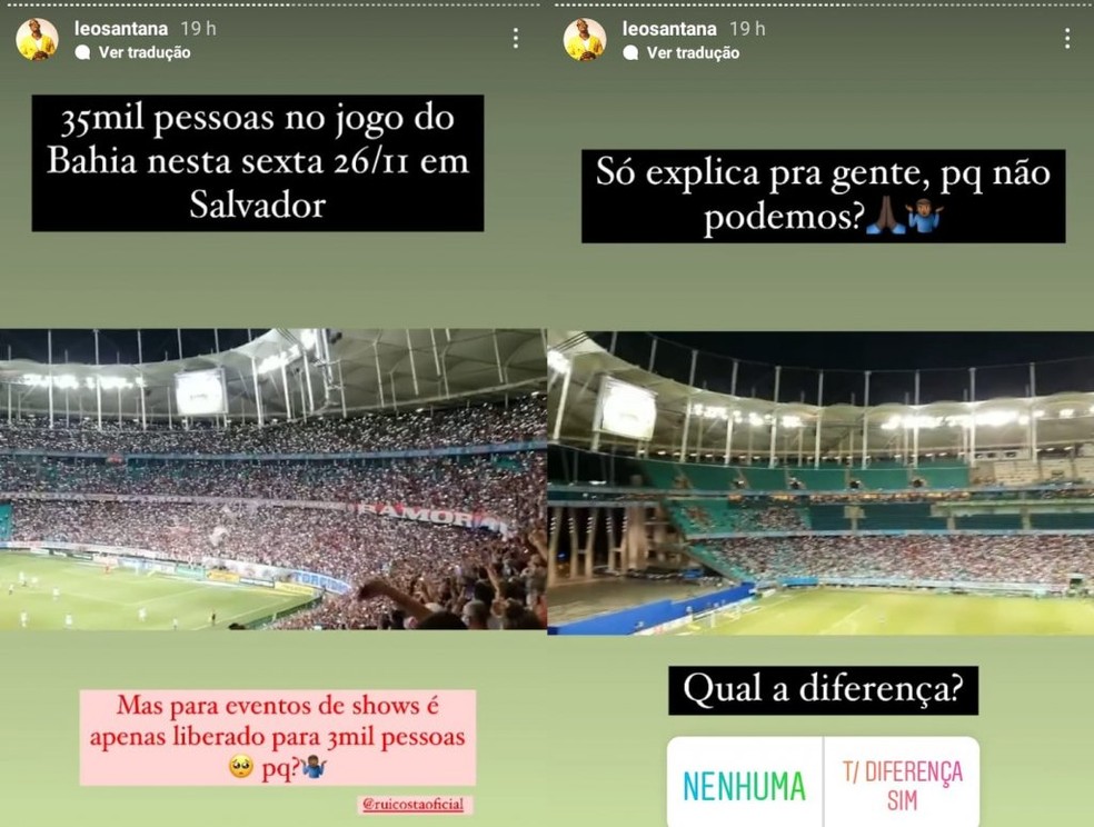 Léo Santana critica aglomeração em estádio e questiona diferença para liberação de shows: 'Por que não podemos? — Foto: Reprodução/Redes Sociais