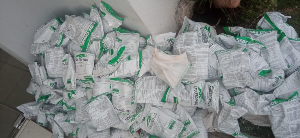 Mais de 300 pacotes de inseticida de comercialização proibida no Brasil foram apreendidos — Foto: Polícia Civil