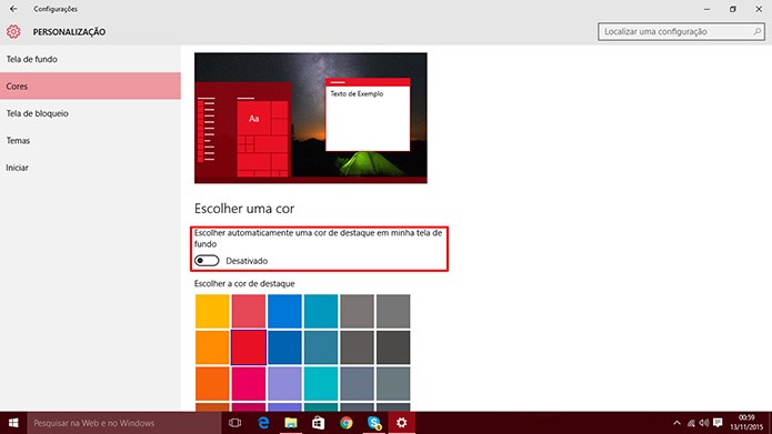 Windows 10 tem paletas de cores que podem ser usadas no sistema (Foto: Reprodução/Elson de Souza)
