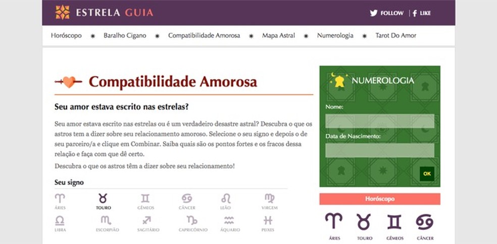 O site Estrela Guia é uma alternativa para pessoas que busca consultas de horóscopo — Foto: Reprodução/Marvin Costa