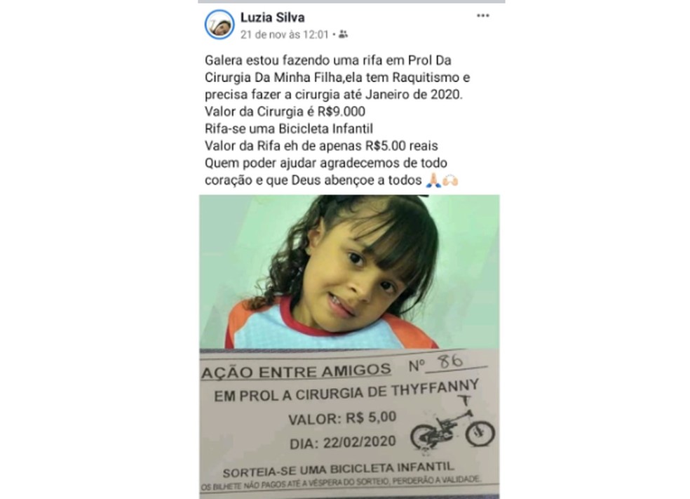 Campanha realizada pela m&atilde;e &eacute; a divulga&ccedil;&atilde;o nas redes sociais sobre uma rifa para ajudar a arrecadar o valor para a cirurgia da filha &mdash; Foto: Luzia Silva/Arquivo Pessoal