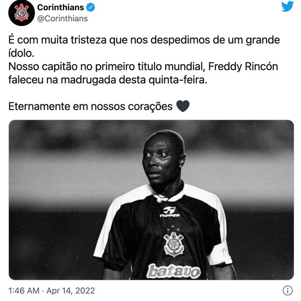 Homenagem prestada pelo Corinthians ao ex-jogador e ídolo do time, Freddy Rincón (Foto: Reprodução / Twitter)