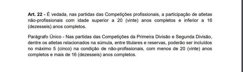 Regulamento Geral das Competições da FNF trata da proibição da participação de menores de 16 anos — Foto: Reprodução