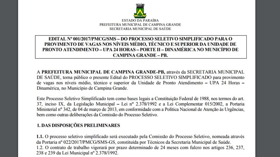 Edital de seleção para preencher vagas em UPA de Dinamérica, em Campina Grande (Foto: Reprodução/Site da Prefeitura de Campina Grande)