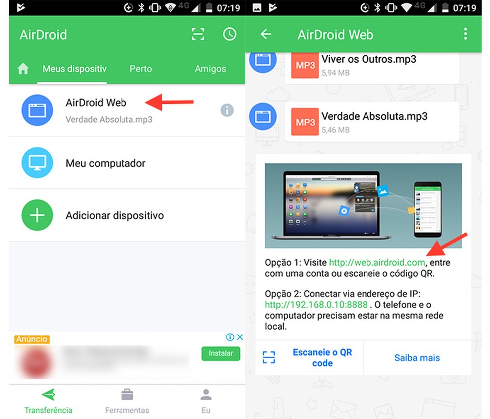 Opção para iniciar o AirDroid na web (Foto: Reprodução/Marvin Costa)