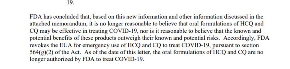 Trecho da carta apresentada pela FDA nesta segunda-feira, 15 de junho, que revoga a liberação da hidroxicloroquina nos EUA — Foto: Reprodução