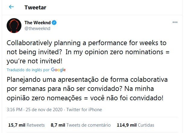 Tweet de The Weeknd (Foto: Reprodução/Twitter)