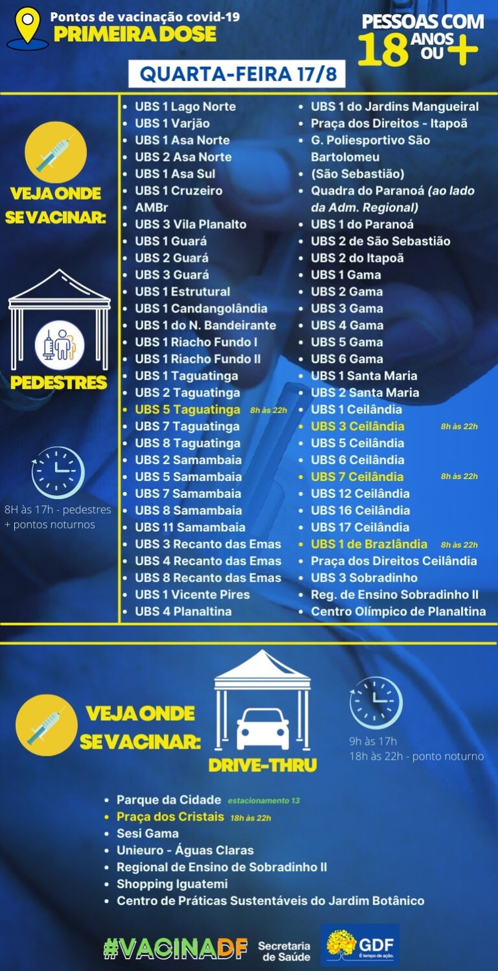 Postos para vacinação de primeira dose do DF em 18 de agosto de 2021 — Foto: SES-DF/Reprodução