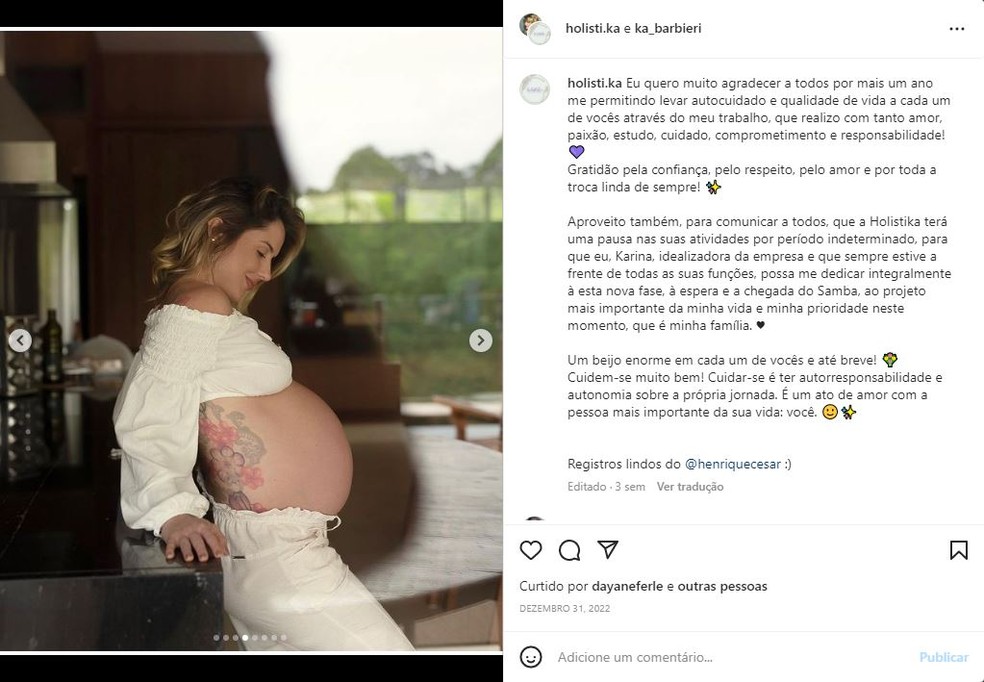 Karina Barbieri, companheira de Seu Jorge, publicou em sua rede social uma declaração ao filho 'Samba', quando estava grávida — Foto: Reprodução/Instagram