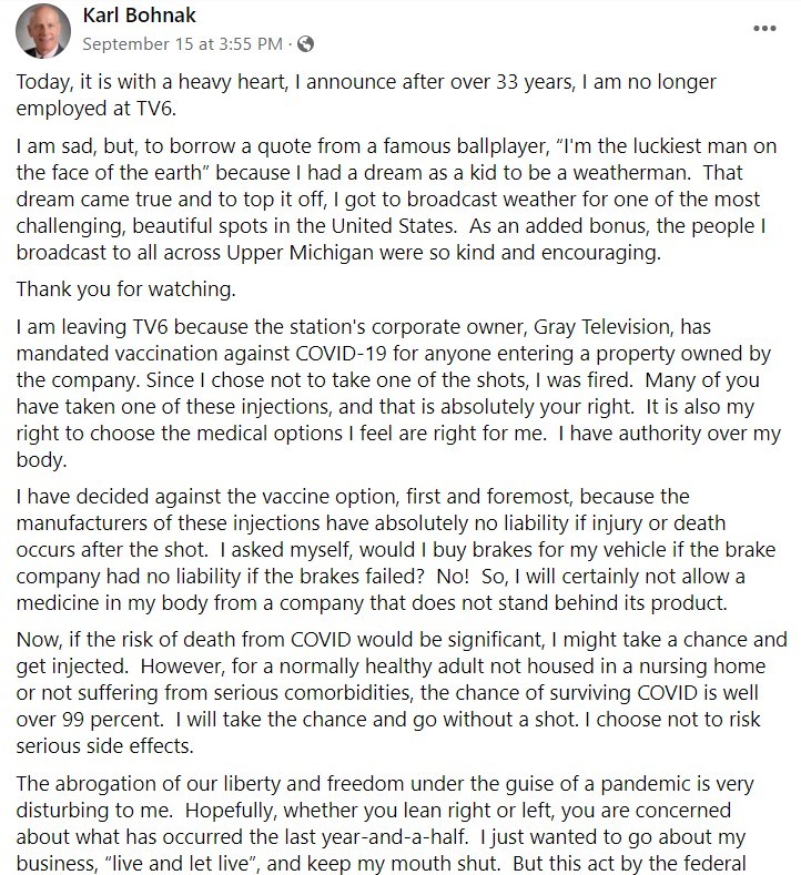 Após 33 anos de trApós 33 anos de trabalho, funcionário é demitido de TV por se recusar a tomar a vacinaabalho, funcionário é demitido de TV por se recusar a tomar a vacina (Foto: reprodução/Facebook)