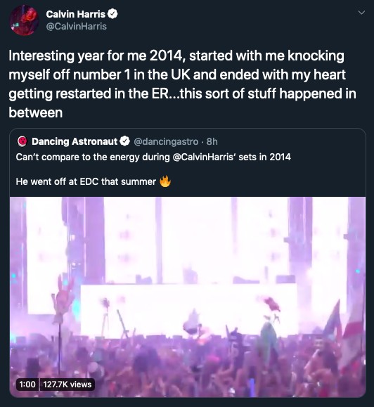 O post do DJ Calvin Harris revelando a parada cardíaca sofrida por ele (Foto: Twitter)