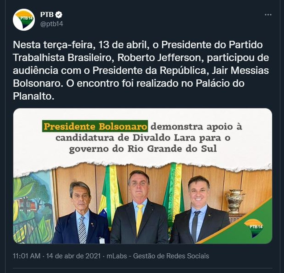 Roberto Jefferson em foto ao lado do presidente Jair Bolsonaro postada em 14/04/2021 — Foto: Reprodução/Twitter