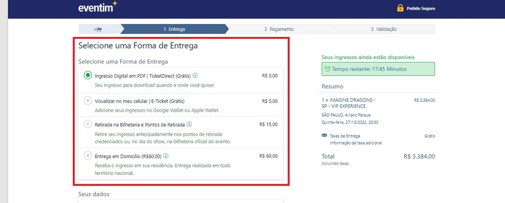 Selecionando uma forma de recebimento dos tickets para o show do Imagine Dragons no Brasil &mdash; Foto: Reprodu&ccedil;&atilde;o/Gabrielle Garcia
