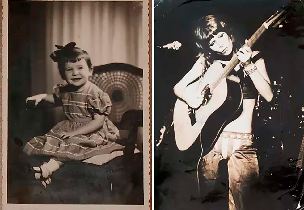 Rita Lee, ainda bebê. Ao lado, foto de show do início dos anos 70 — Foto: Reprodução/ Facebook
