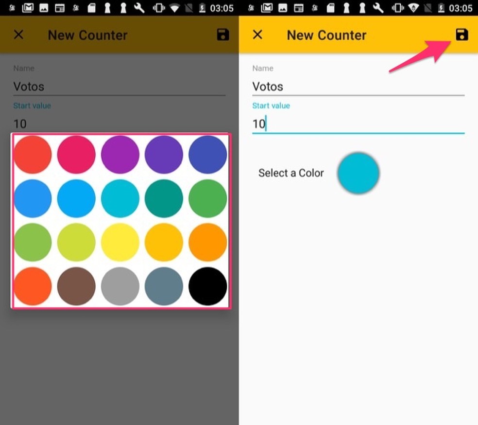 Ação para escolher um cor e salvar um contador no aplicativo Floating Counter — Foto: Reprodução/Marvin Costa
