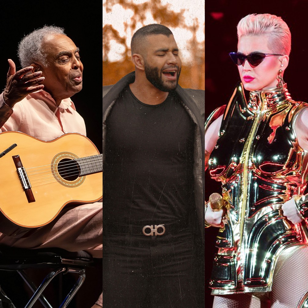 Gilberto Gil, Gusttavo Lima e Katy Perry fazem lives nesta sexta (26) — Foto: Divulgação; Celso Tavares/G1