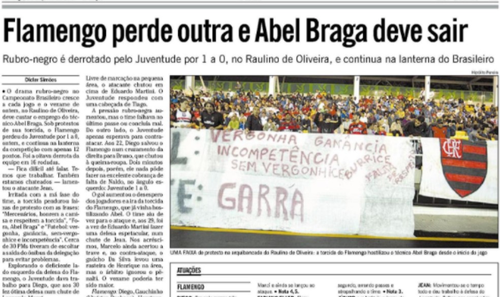 Derrota para o Juventude decretou o fim da passagem de Abel — Foto: Acervo O Globo