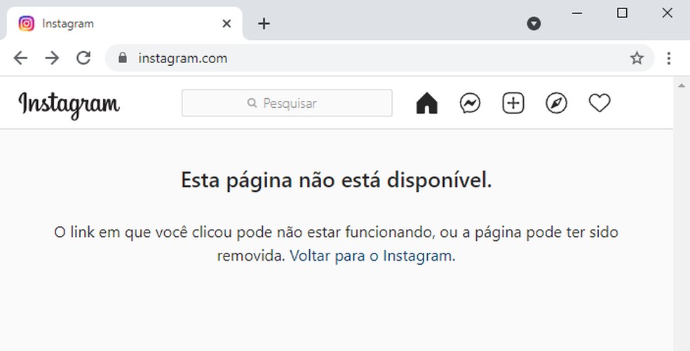 'Esta página não está disponível': aviso do Instagram em instabilidade nesta quarta-feira (3) — Foto: Reprodução