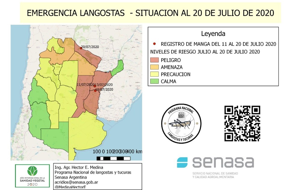 Mapa do governo argentino mostra a localização das 3 nuvens de gafanhotos — Foto: Senasa/Divulgação
