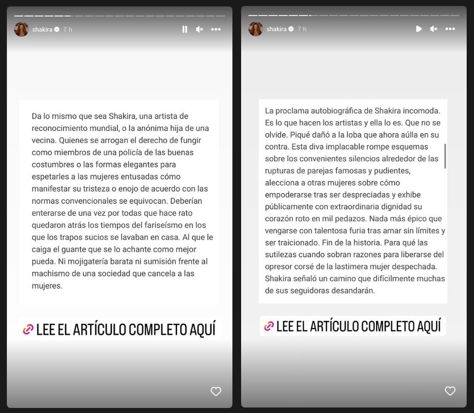 Shakira compartilha publicação que critica nominalmente Piqué, seu ex-marido