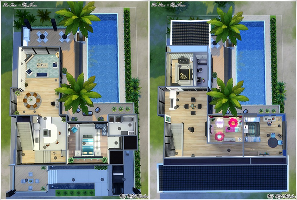 Visão superior da casa na praia do The Sims 4, primeiro e segundo andar — Foto: Reprodução/My House The Sims 4