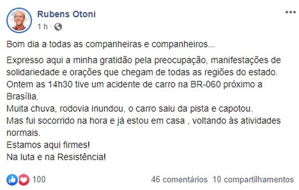 Deputado Rubens Otoni comenta acidente em rodovia do DF  — Foto: Facebook/Reprodução