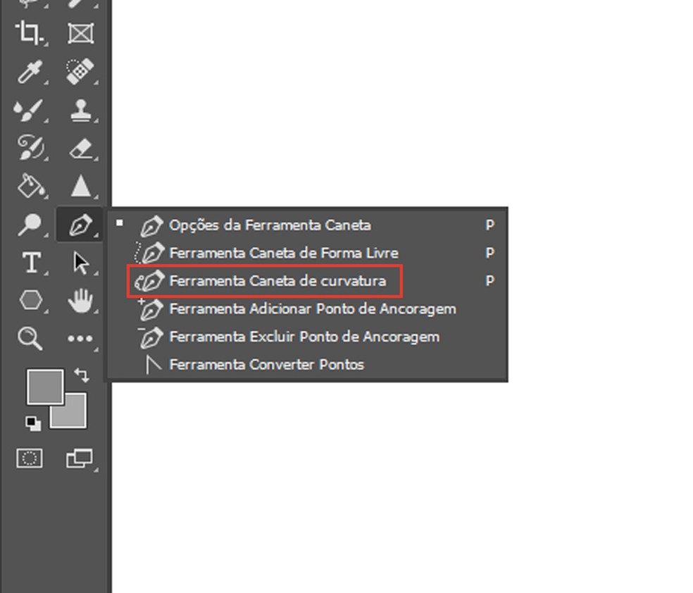 Como desenhar no Adobe Photoshop? Ação para selecionar a ferramenta caneta de curvatura — Foto: Reprodução/Leon Ferrari