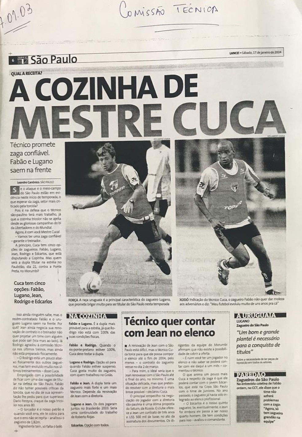 Recorte de jornal mostra opções do São Paulo de Cuca para a zaga — Foto: Eduardo Rodrigues